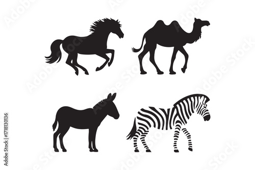 Silhouettes of four distinct equine and camelid animals