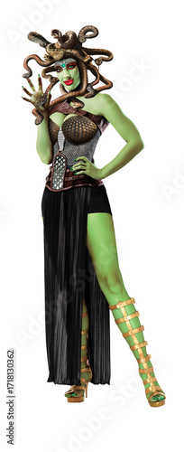 Medusa ready to dance with white background for clipping. NOT AI Generated. Digital Painting and photo manipulation. Woman is imaginary. No model release needed.