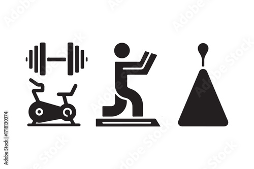 Gym equipment icons for fitness and exercise