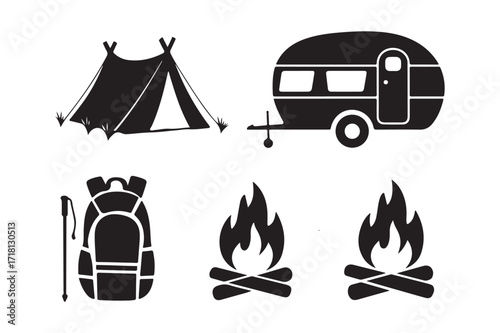 Camping icons tent trailer backpack and campfire symbols