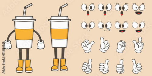 Cartoon disposable cup character with various facial expressions and hand gestures for animation