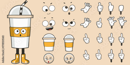 Cute cartoon coffee cup character with various facial expressions and hand gestures for animation