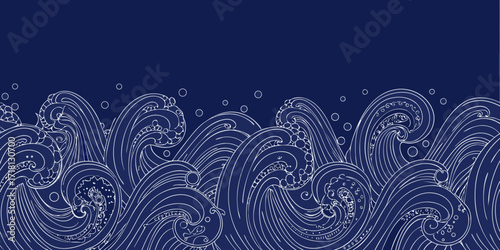 Stylized white line art of crashing ocean waves and bubbles on a deep blue background