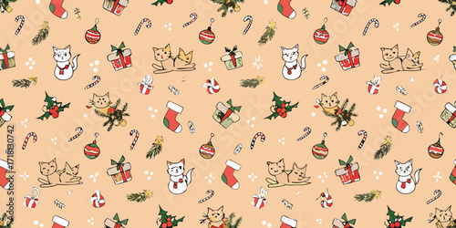 Cute hand drawn christmas cats and gifts seamless pattern with festive decorations