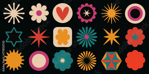 Retro mid century modern abstract geometric shapes and flowers on black background
