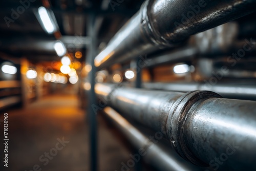 Industrial pipe system in a factory with blurry background