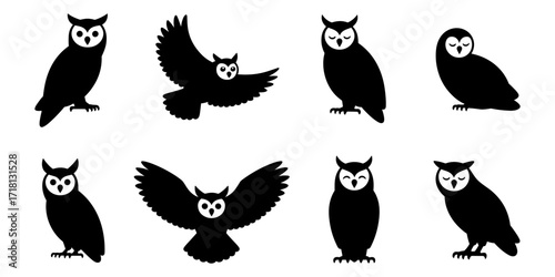 Set of black owl silhouette icons in various poses, including flying and perched. For wildlife, nature, Halloween, autumn, haunted themes, and seasonal decorations