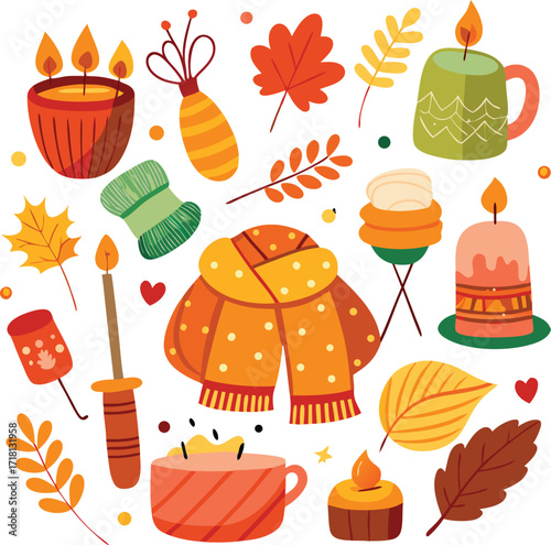 Cozy autumn doodles with candles scarf and hot drink fall warm