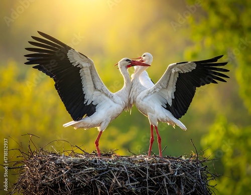 Two storks in nest, wings outstretched