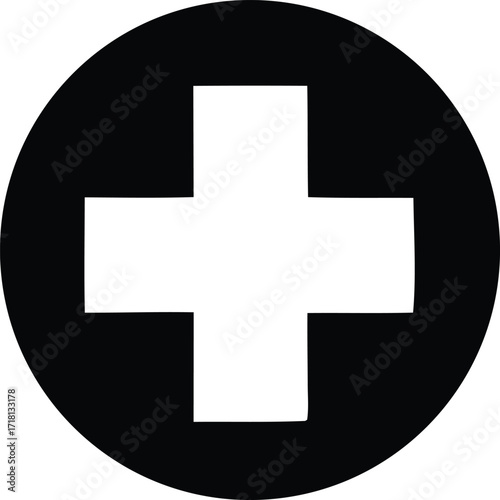 Simple white plus symbol centered within a solid black circle graphic ideal for medical or care related concepts