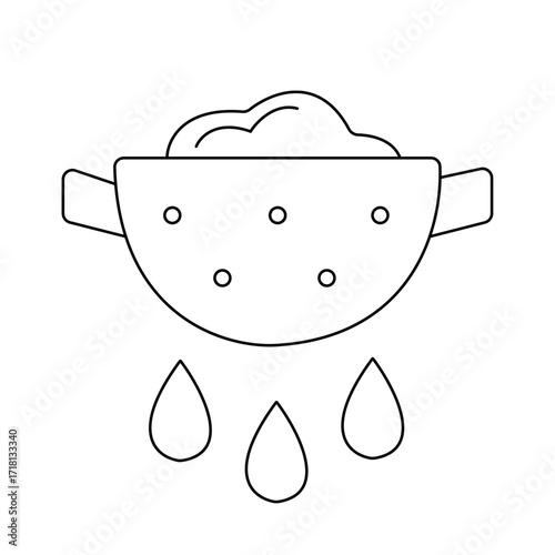 Drain food linear icon. Rinsing pasta from water. Product in colander with pouring grease. Thin line customizable illustration. Contour symbol. Vector isolated outline drawing. Editable stroke