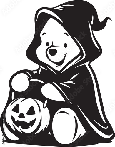 Winnie the Pooh, dressed in a ghost costume, holds a jack-o'-lantern, ready for Halloween.


