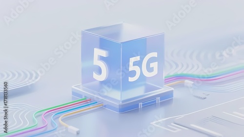 A transparent cube with '5G' text and colorful cables, representing next-generation wireless technology.