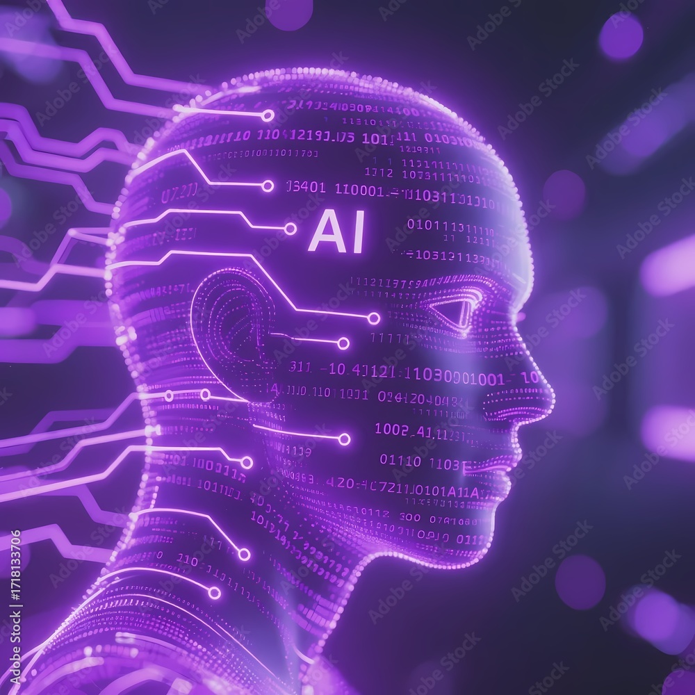 Obraz premium Digital human head with AI circuitry and binary code in purple hues