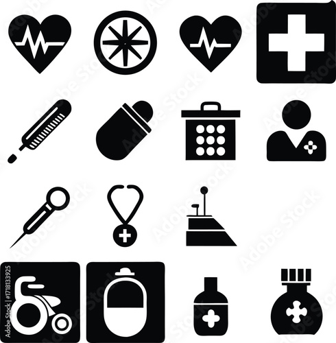 Collection of medical icons featuring heartbeat ekg thermometer first aid kit stethoscope pill capsule and more healthcare symbols