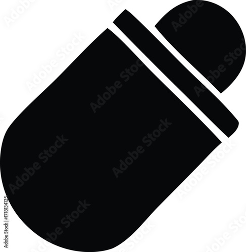Simple solid black silhouette icon of a capsule pill suggesting healthcare medicine pharmaceutical dosage and treatment concepts