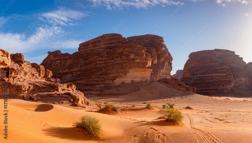 Fototapeta premium Rocky Desert Formations With Sand In Foreground Typical Landscape Of Al Ula Saudi Arabia High Resolution Panorama