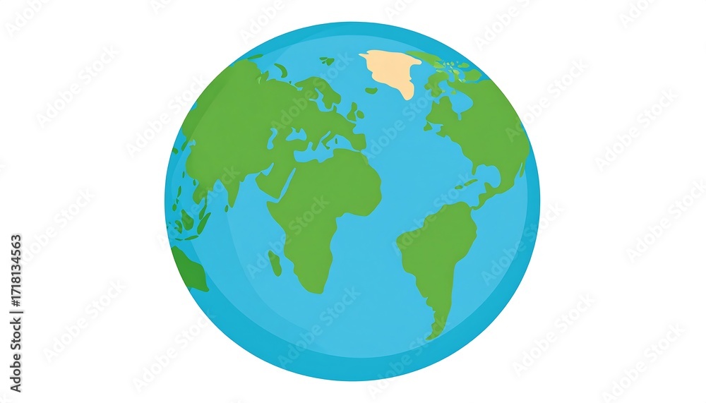 Naklejka premium A stylized globe, displaying continents in simple green and light blue hues, set against a pure white background.