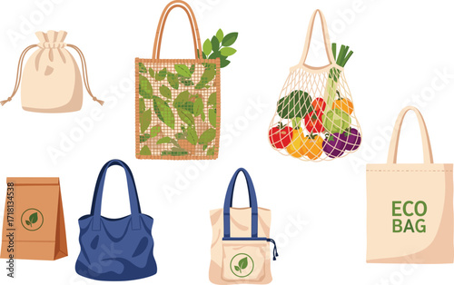 Eco-friendly bag illustration set, reusable shopping bags, mesh produce pouch, insulated lunch tote, paper bag, sustainable living, zero waste, green lifestyle