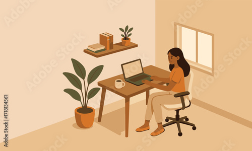 Flat Vector Illustration of Woman Working on Laptop at Home Office Desk