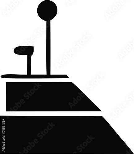 Black silhouette of a vintage car gear shift lever with a round knob and a smaller lever on a tiered platform representing a transmission system element