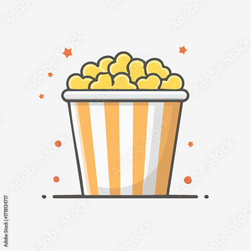 Cartoon illustration of a striped popcorn bucket filled with golden popcorn, surrounded by small stars and dots, on a light background.