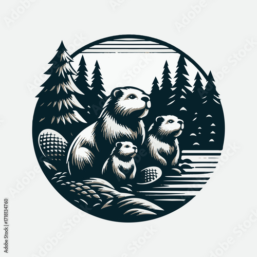 beaver in forest logo design, vector illustration Canadian icon logo design concept. Beaver day illustration. Beaver Mascot Logo, Cartoon Beaver Mascot. Beaver family illustration. 