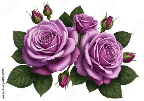 Close-up of lush purple roses and unopened buds with green leaves isolated on transparent background