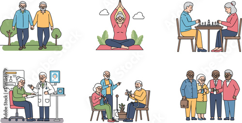 Elderly wellness activities, senior lifestyle, healthcare, yoga, gardening, social bonding, cognitive engagement, outdoor fitness, medical checkup, aging with dignity, healthy retirement