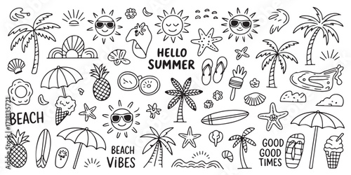 Collection of hand-drawn summer icons including palm trees sun beach umbrella surfboard pineapple ice cream flip-flops starfish and more perfect for summer designs and beach vibes