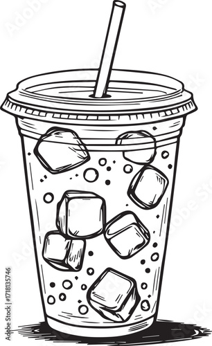 Plastic Cup with Straw and Ice Vector in Line Art Style for Beverage, Refreshment, Menu, and Summer-Themed Illustrations