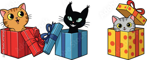 Adorable cartoon cats inside colorful gift boxes, cute kittens with bows, playful pet illustration, festive holiday surprise, birthday present celebration
