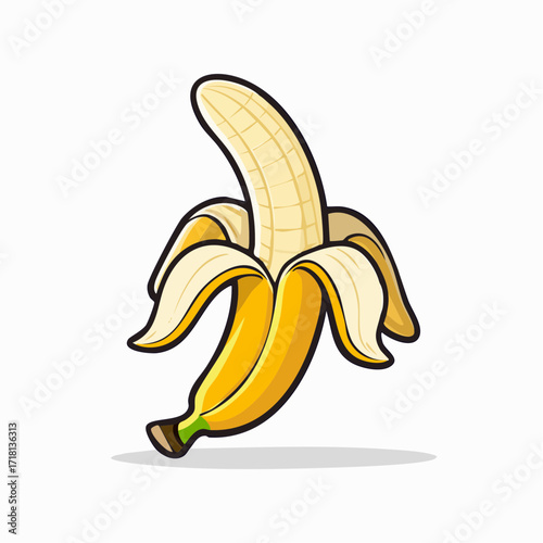 Illustration of a peeled banana with yellow skin and white flesh.