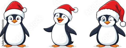 Adorable cartoon penguins wearing Santa hats, festive holiday characters, cute Christmas penguin illustration, winter celebration animals, funny holiday pets artwork