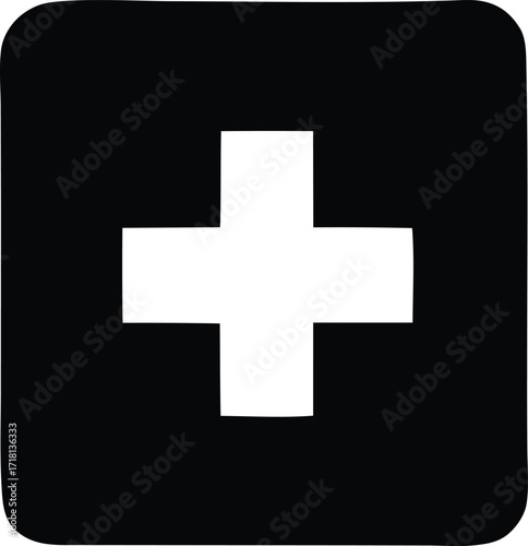 Simple white plus symbol icon within a black rounded square interface element for digital applications and user interface design