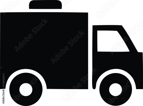 Simple black icon of a box truck or delivery van representing logistics transportation shipping and moving services