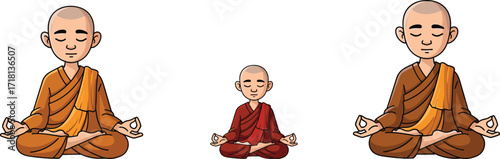 Cartoon buddhist monks meditating together, peaceful yoga meditation illustration, spiritual mindfulness practice, zen lifestyle drawing, calm religious artwork, vector design, harmony