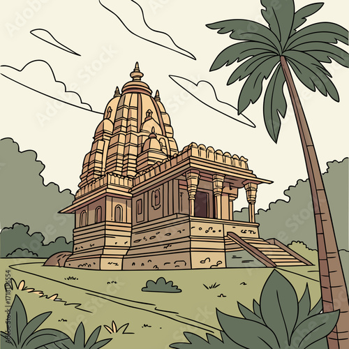 Ancient Temple Architecture Lush Tropical Setting Palm Trees Stone Structure
