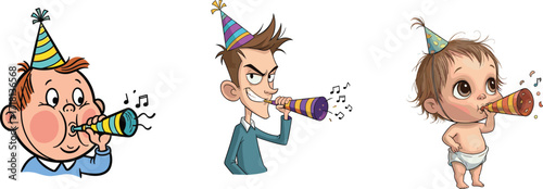 Cartoon characters with party hats and blowers, funny kids and man celebrating birthday, festive illustration, joyful holiday celebration artwork