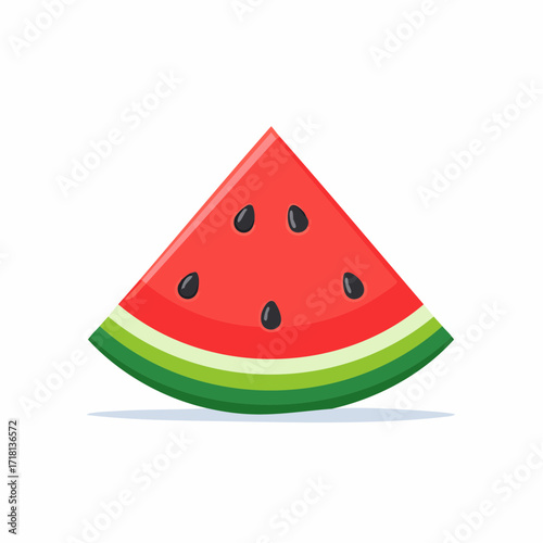 A vibrant cartoon illustration of a triangular slice of watermelon with red flesh, black seeds, and a striped green rind on a white background.