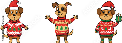 PrintCartoon dogs wearing Christmas sweaters, cute puppies with Santa hats, festive holiday illustration, winter celebration animals, gift, joyful Christmas pet art
