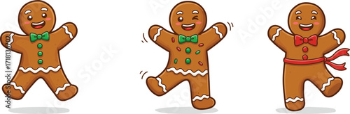 Cartoon gingerbread men with bow ties and decorations, festive Christmas cookies, holiday dessert characters, cute biscuit illustration, sweet winter treat.