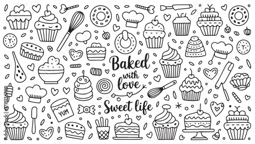 Collection of hand-drawn baking illustrations including cakes cupcakes and other sweets representing a sweet life and homemade goodness