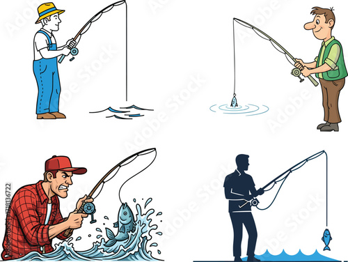 Cartoon fishermen holding fishing rods, catching fish, outdoor hobby activity, sport fishing illustration, angler characters, vector drawing, lifestyle design, creative artwork
