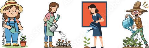 Cartoon characters watering plants, women gardening, farmer with watering can, girl caring for flowers, plant growth, eco friendly lifestyle illustration