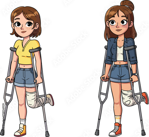 Cartoon injured girls with crutches, broken leg characters, young women in medical cast, disability recovery, cute patient illustration, healing support, artwork