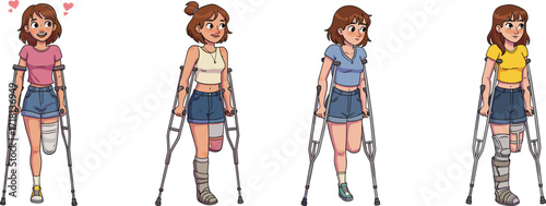 Cartoon injured girl with crutches, broken leg character illustration, medical recovery art, cute young woman, cast, disability, support, healing