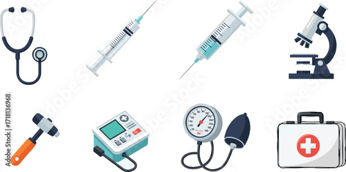 Medical equipment vector illustration with stethoscope, syringe, microscope, blood pressure monitor, injection, first aid kit, healthcare tools, hospital instruments, diagnostic devices, patient care