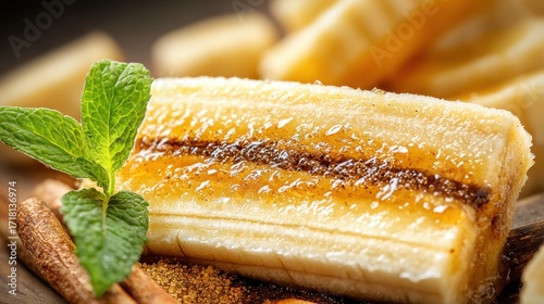 Bananas foster premium dessert with caramelized banana slices in golden brown sugar rum sauce garnished with fresh mint leaf at luxury restaurant