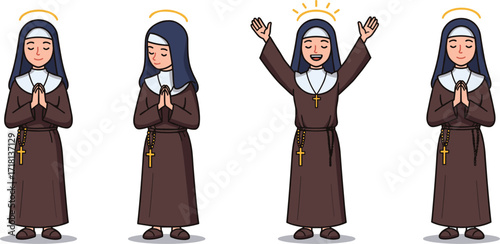 Cartoon nun characters in brown habit, catholic sisters praying, religious women illustration, christian devotion art, faith, worship, spirituality, church, religion